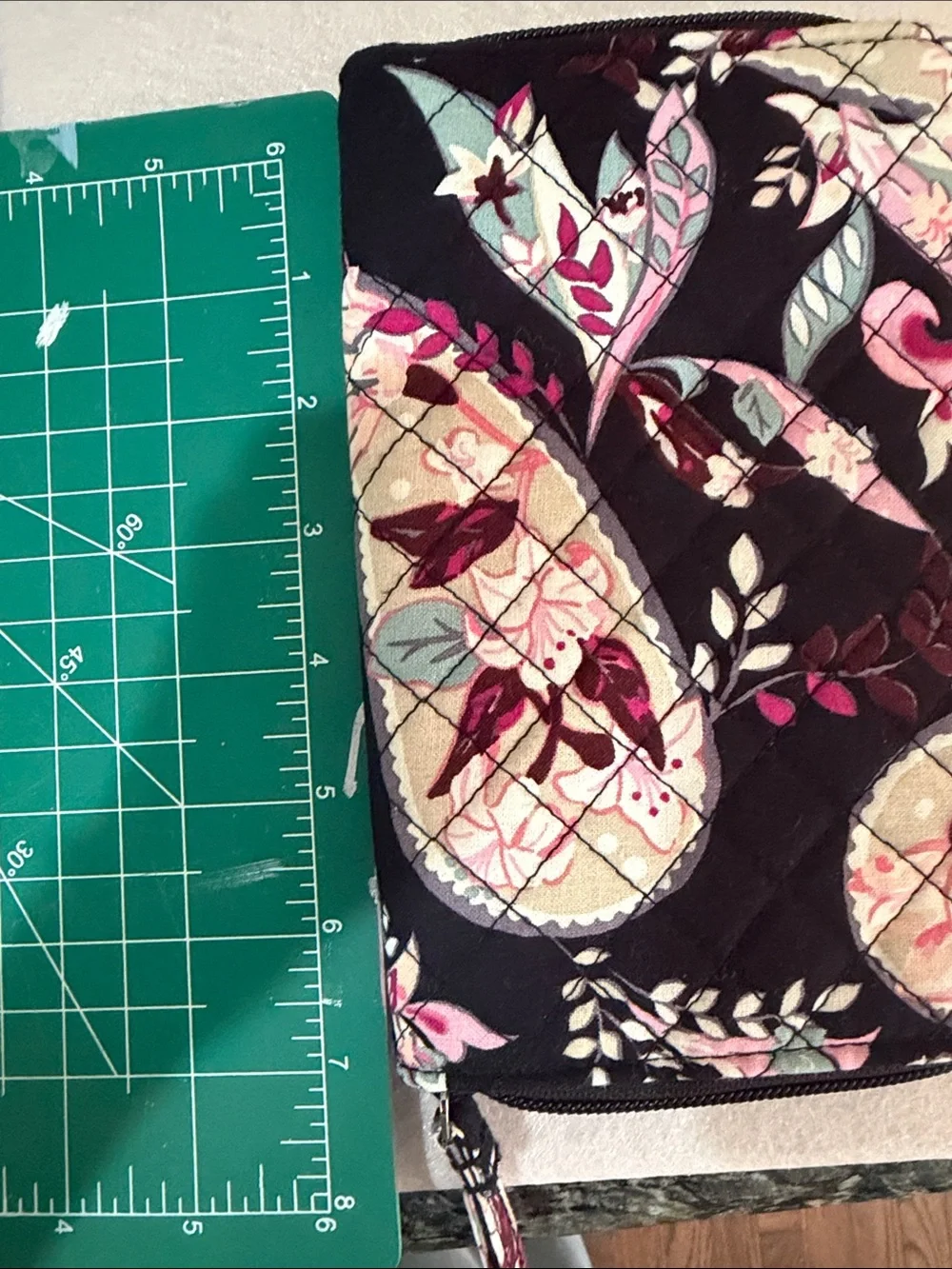 Vera Bradley Black Floral Quilted Wristlet with Pink and Cream Accents